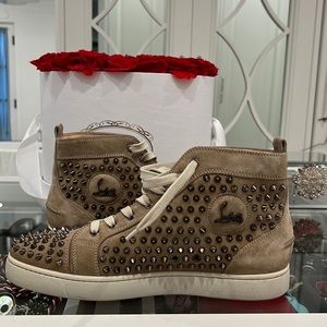 beige studded mens high top christian loubiton sneaker